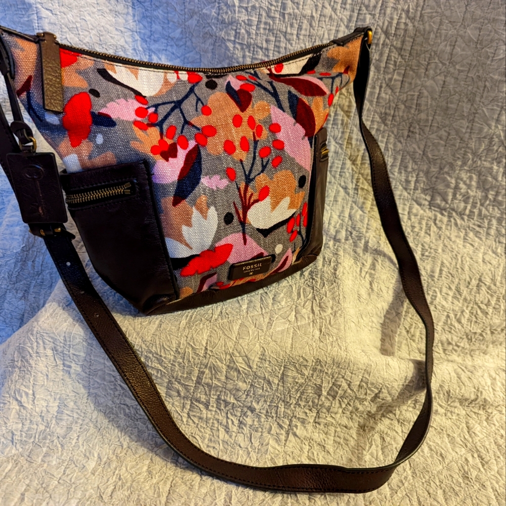 FOSSIL hobo bag leather and fabric